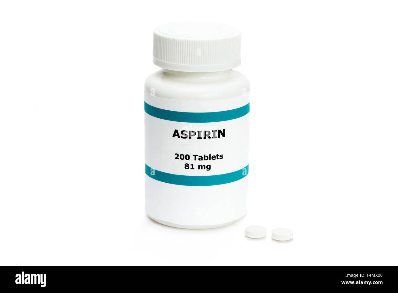 Aspirin bottle with two pills on white.  Label is fictitious, and any resemblance to any actual product is purely coincidental. Stock Photo