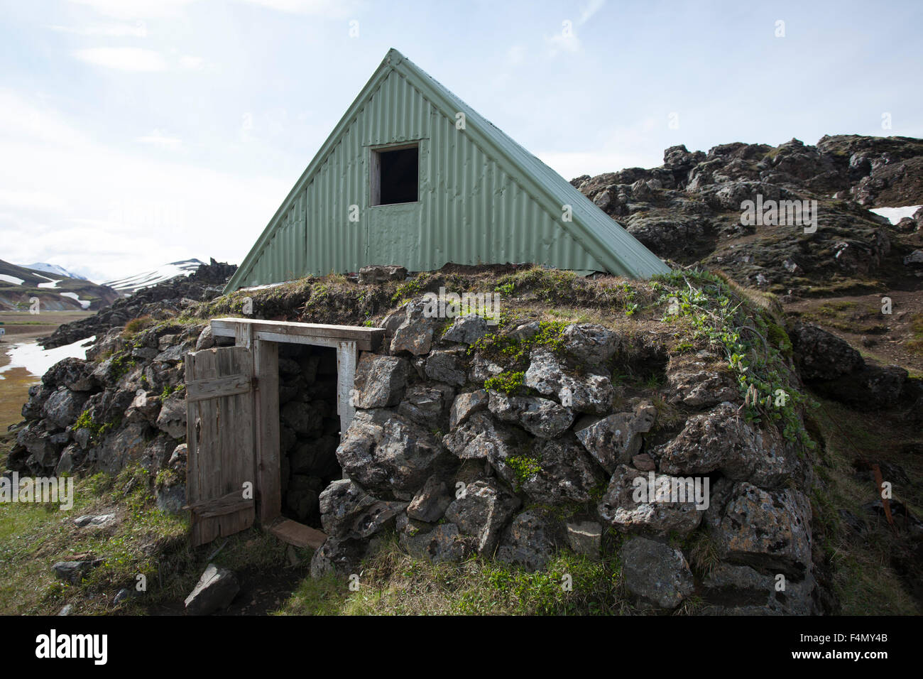 The old mountain shelter at Landmannalugar, Sudhurland, Iceland. Stock Photo