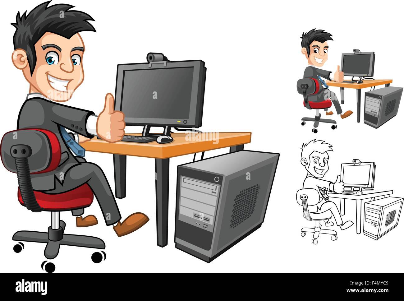 Businessman Cartoon Character working with Computer Stock 