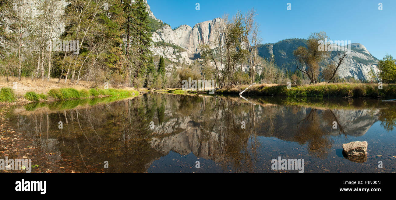Merced River from Swing Bridge Panorama, Yosemite NP, California, USA Stock Photo