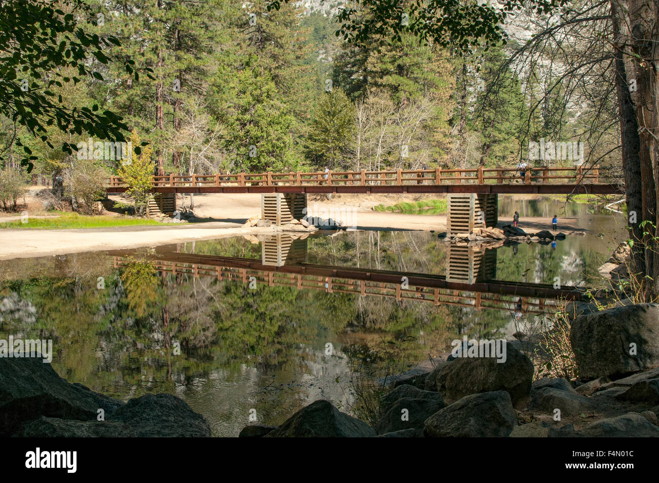 Swing Bridge and Merced River, Yosemite NP, California, USA Stock Photo