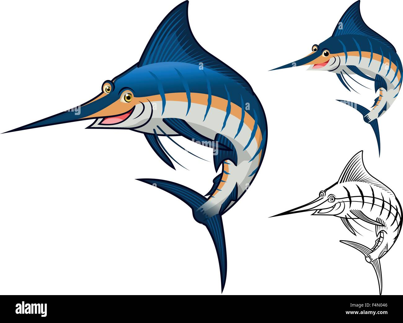 High Quality Blue Marlin Cartoon Character Include Flat Design and Line Art Version Stock Vector