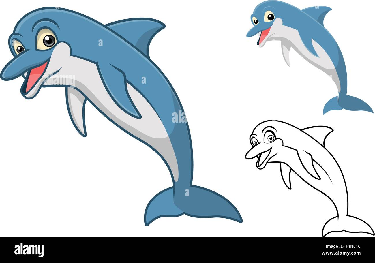 High Quality Dolphin Cartoon Character Include Flat Design and Line Art Version Stock Vector