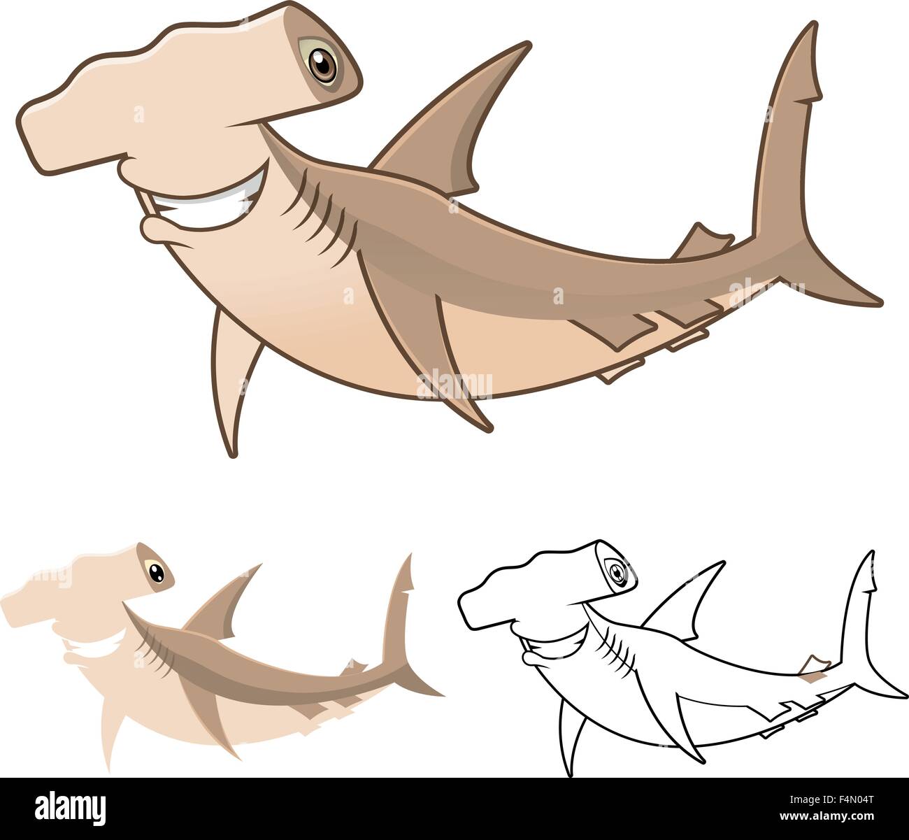 High Quality Hammerhead Shark Cartoon Character Include Flat Design and Line Art Version Stock Vector