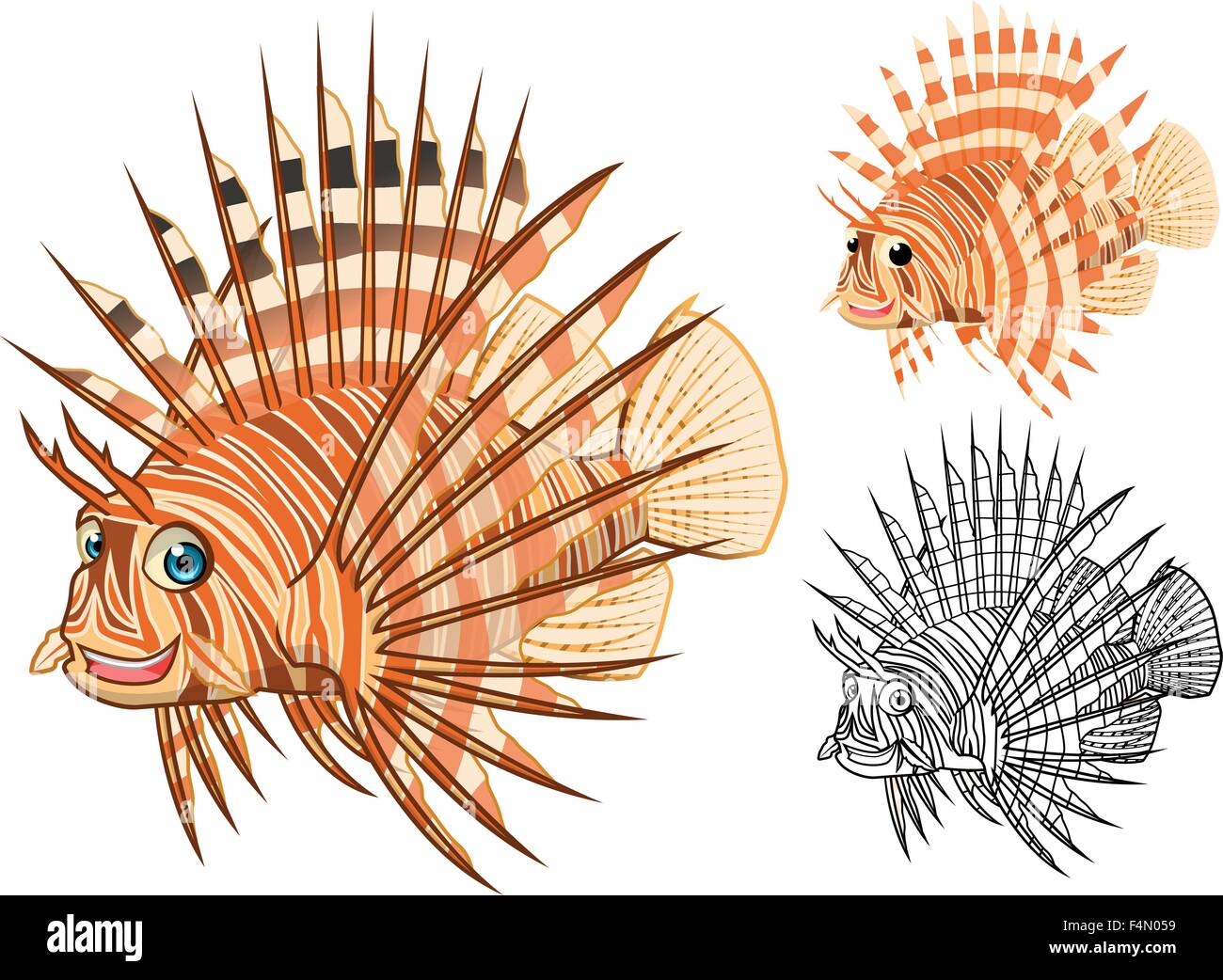 High Quality Lionfish Cartoon Character Include Flat Design and Line Art Version Stock Vector