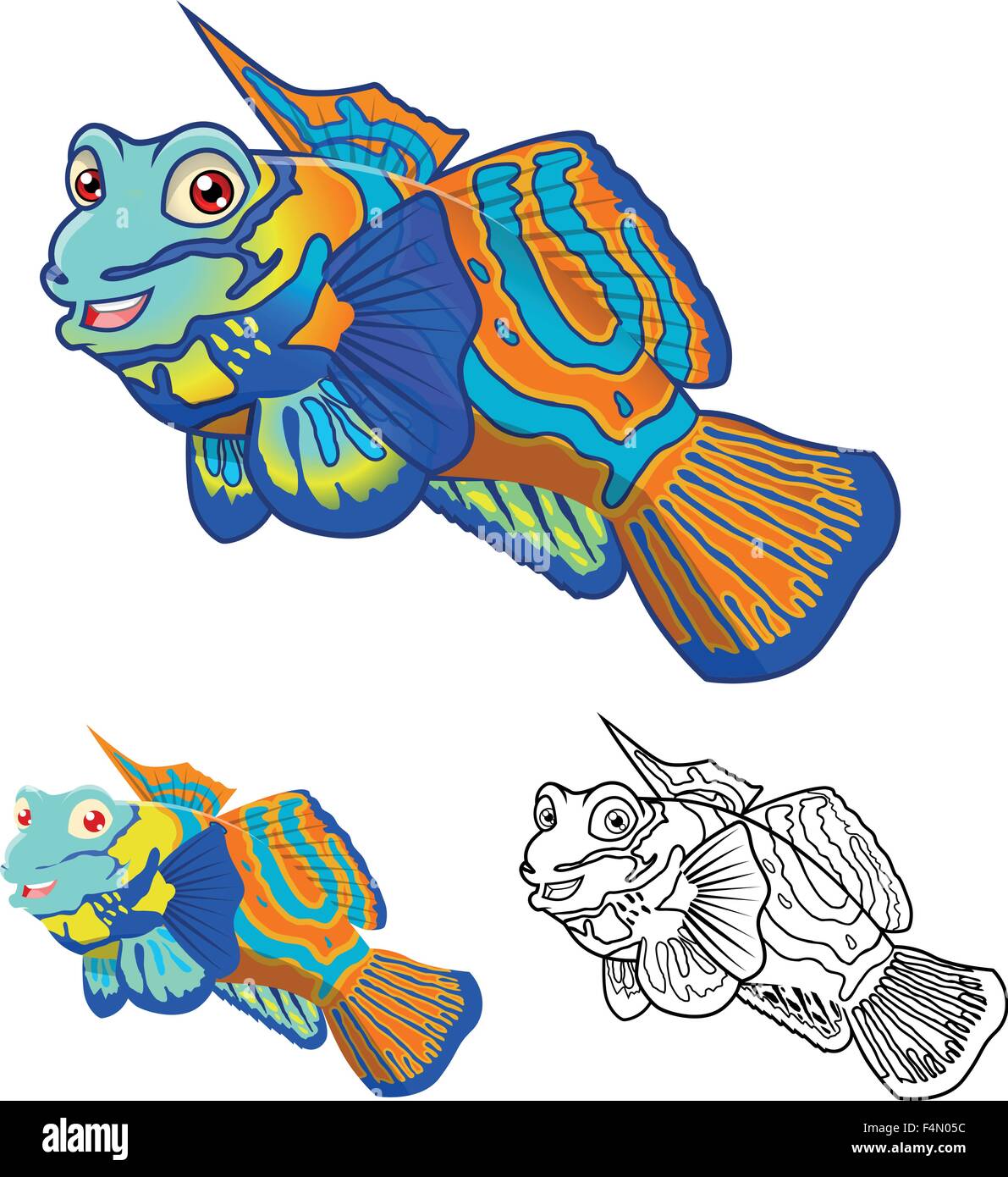 High Quality Mandarinfish Cartoon Character Include Flat Design and Line Art Version Stock Vector