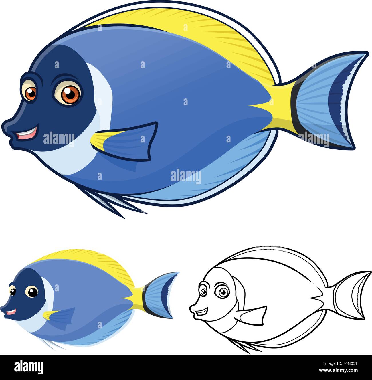 High Quality Powderblue Surgeonfish Cartoon Character Include Flat Design and Line Art Version Stock Vector