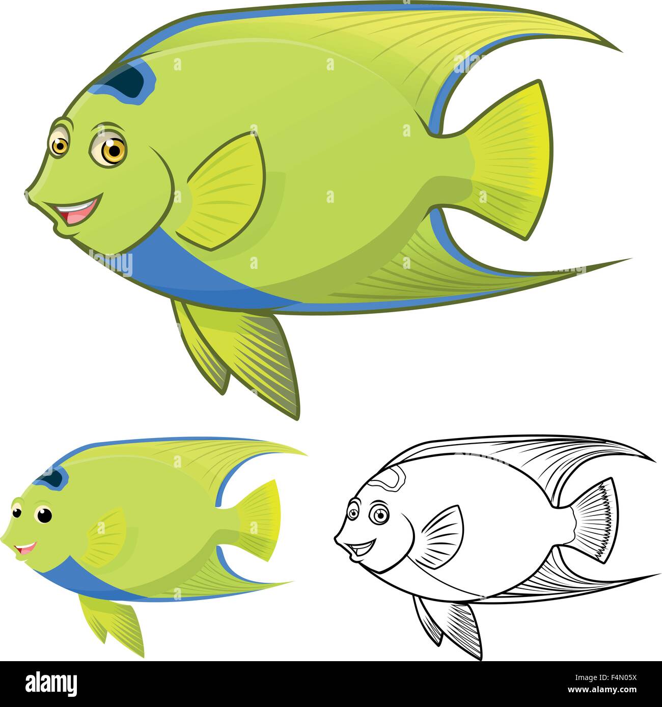 High Quality Queen Angel Fish Cartoon Character Include Flat Design and Line Art Version Stock Vector