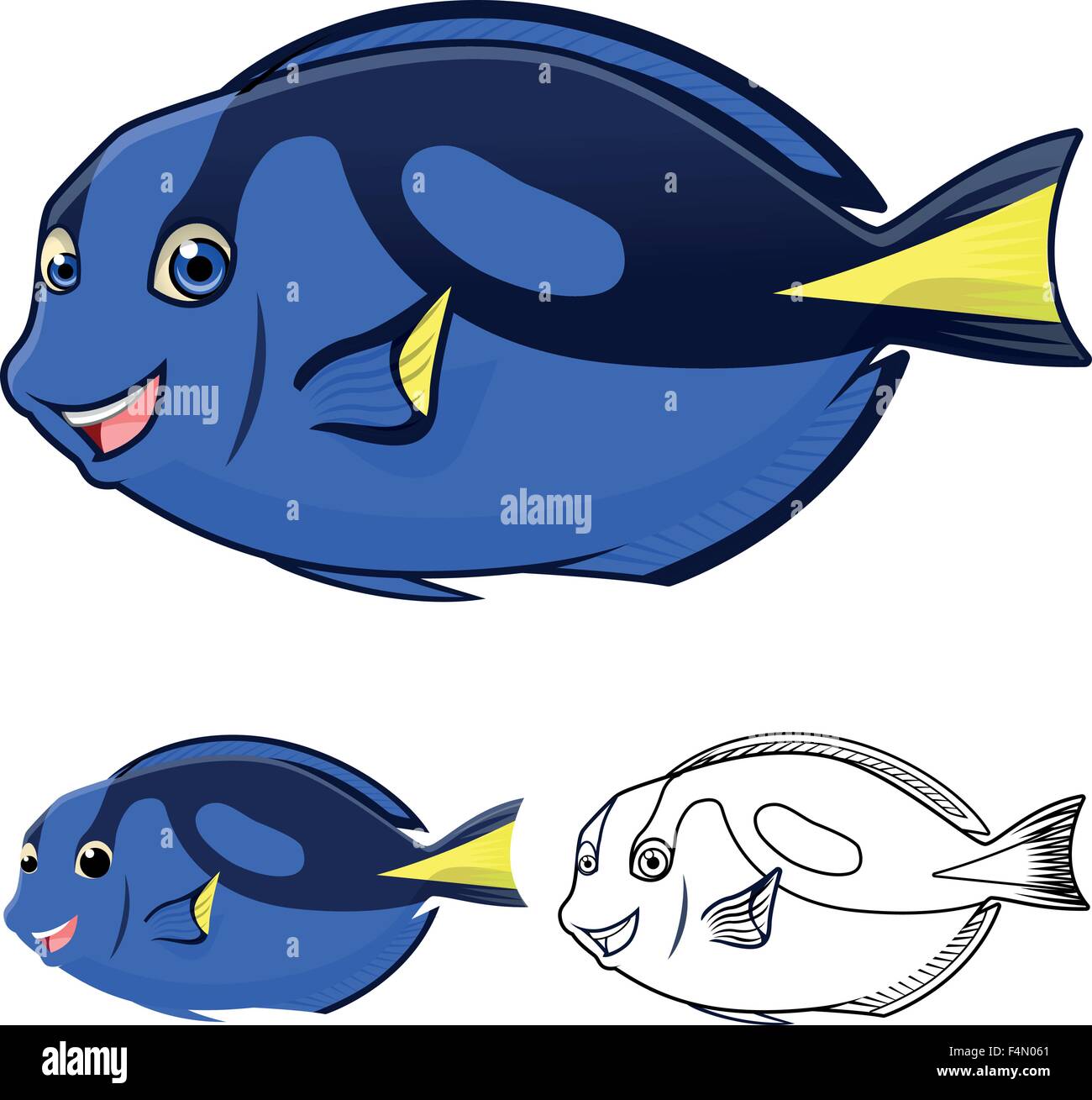 High Quality Regal Blue Tang Cartoon Character Include Flat Design and Line Art Version Stock Vector