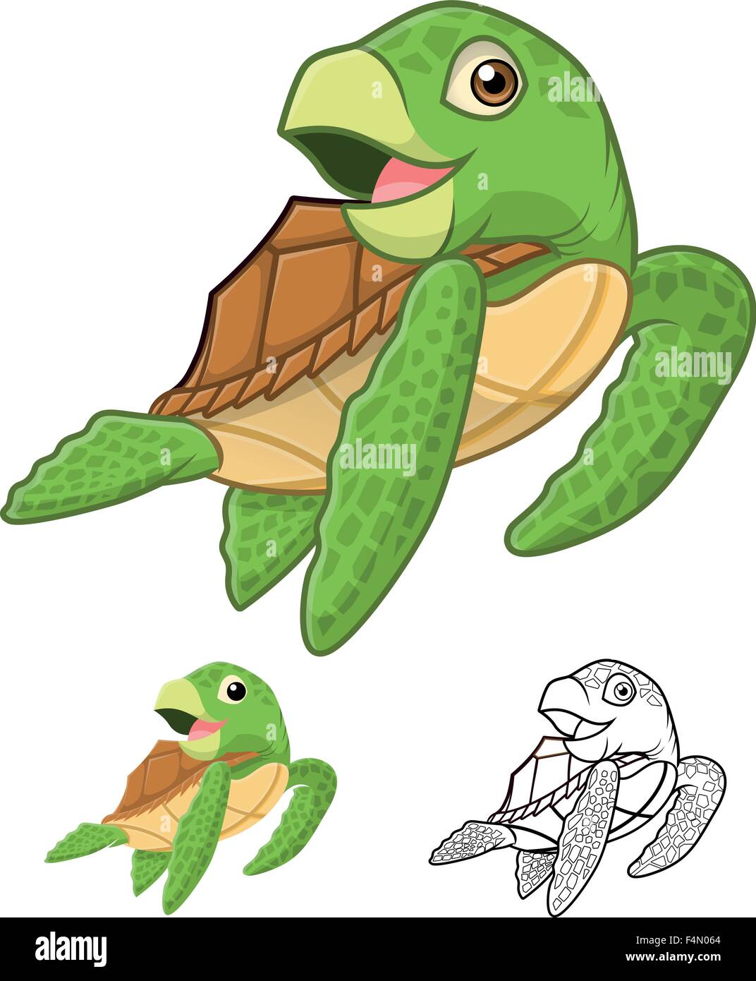High Quality Sea Turtle Cartoon Character Include Flat Design and Line Art Version Stock Vector