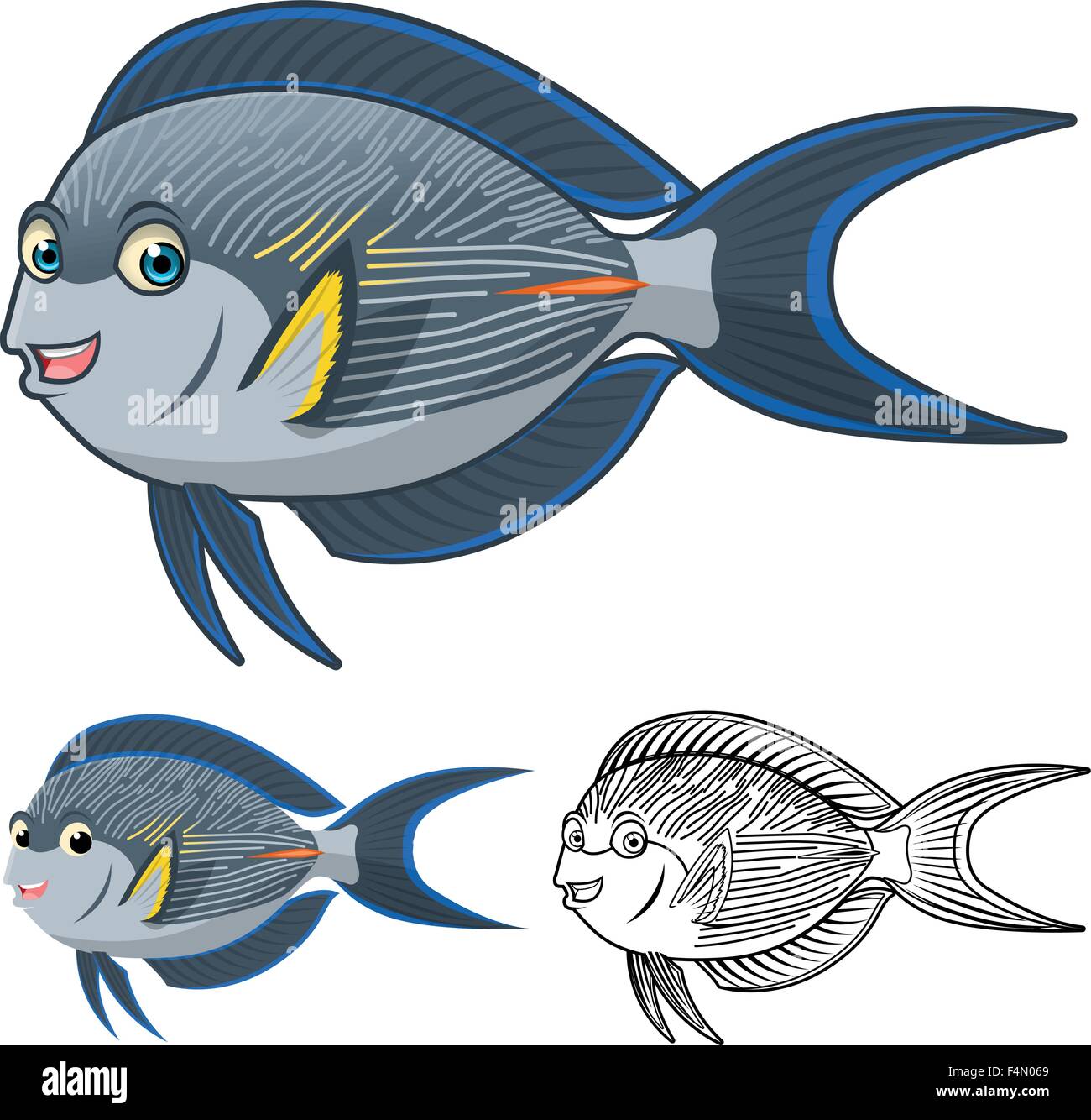 High Quality Sohal Surgeonfish Cartoon Character Include Flat Design and Line Art Version Stock Vector