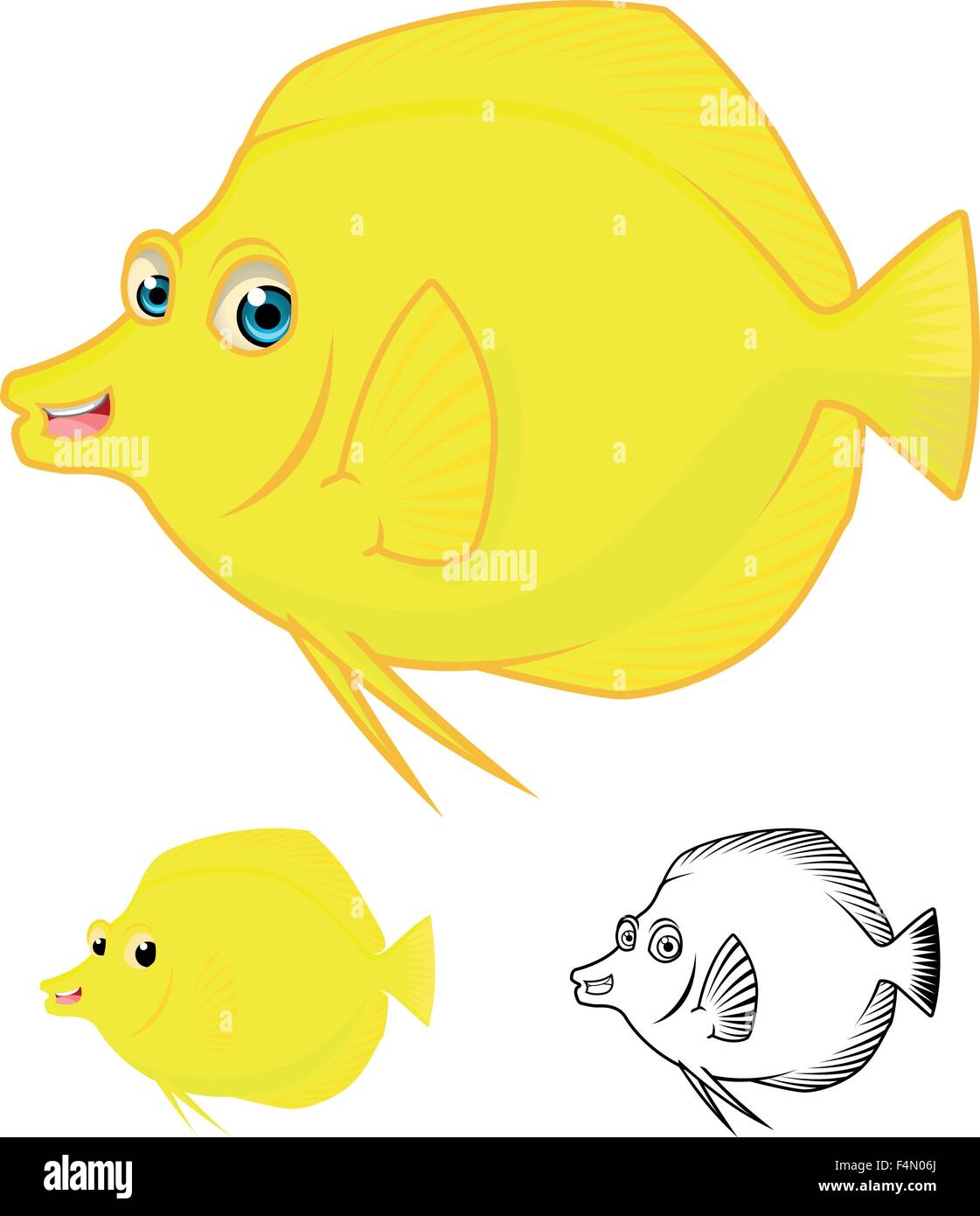 High Quality Yellow Tang Fish Cartoon Character Include Flat Design and Line Art Version Stock Vector