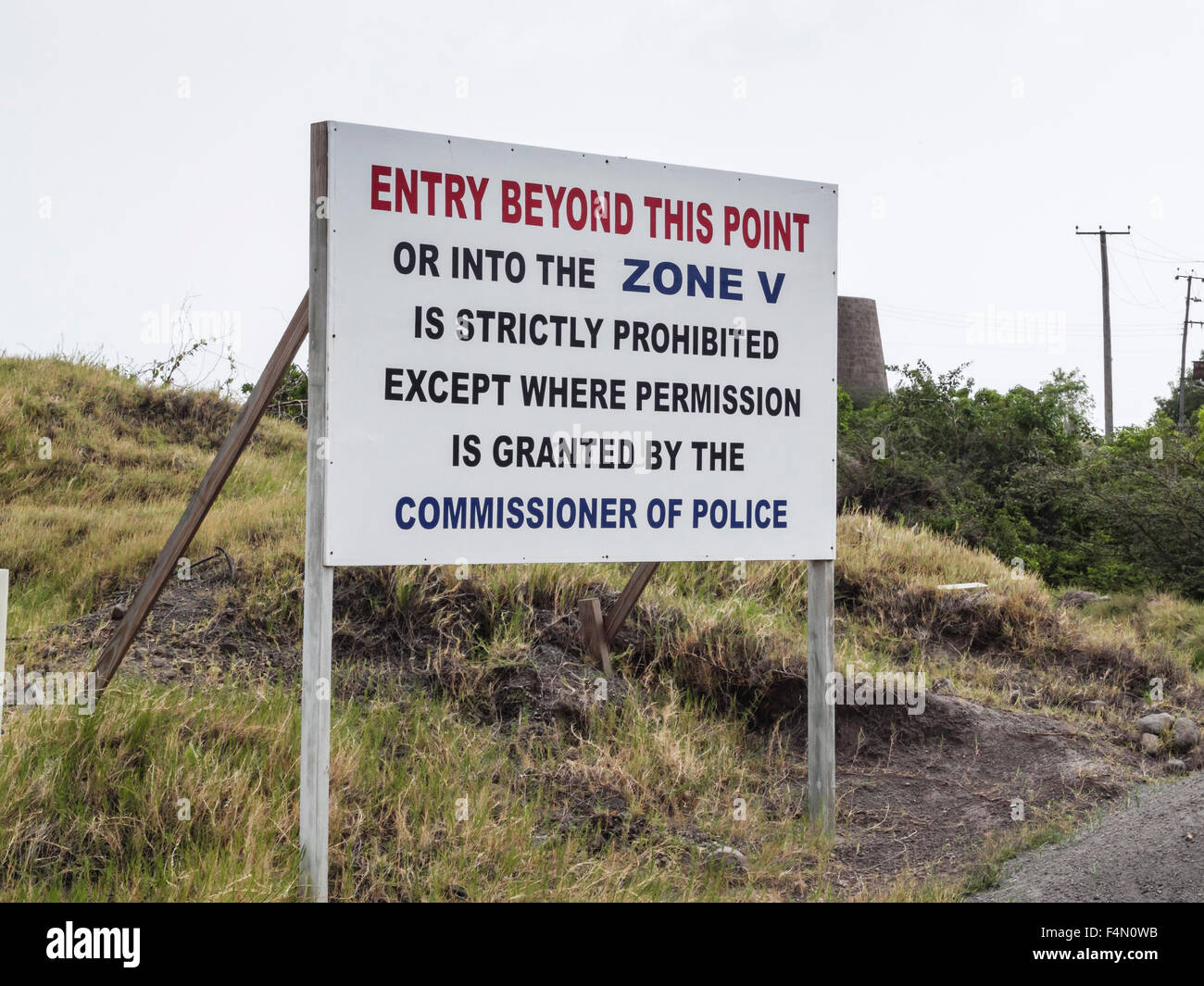 Montserrat, Caribbean. Zone V exclusion zone sign, land closed after 1995 eruptions Stock Photo