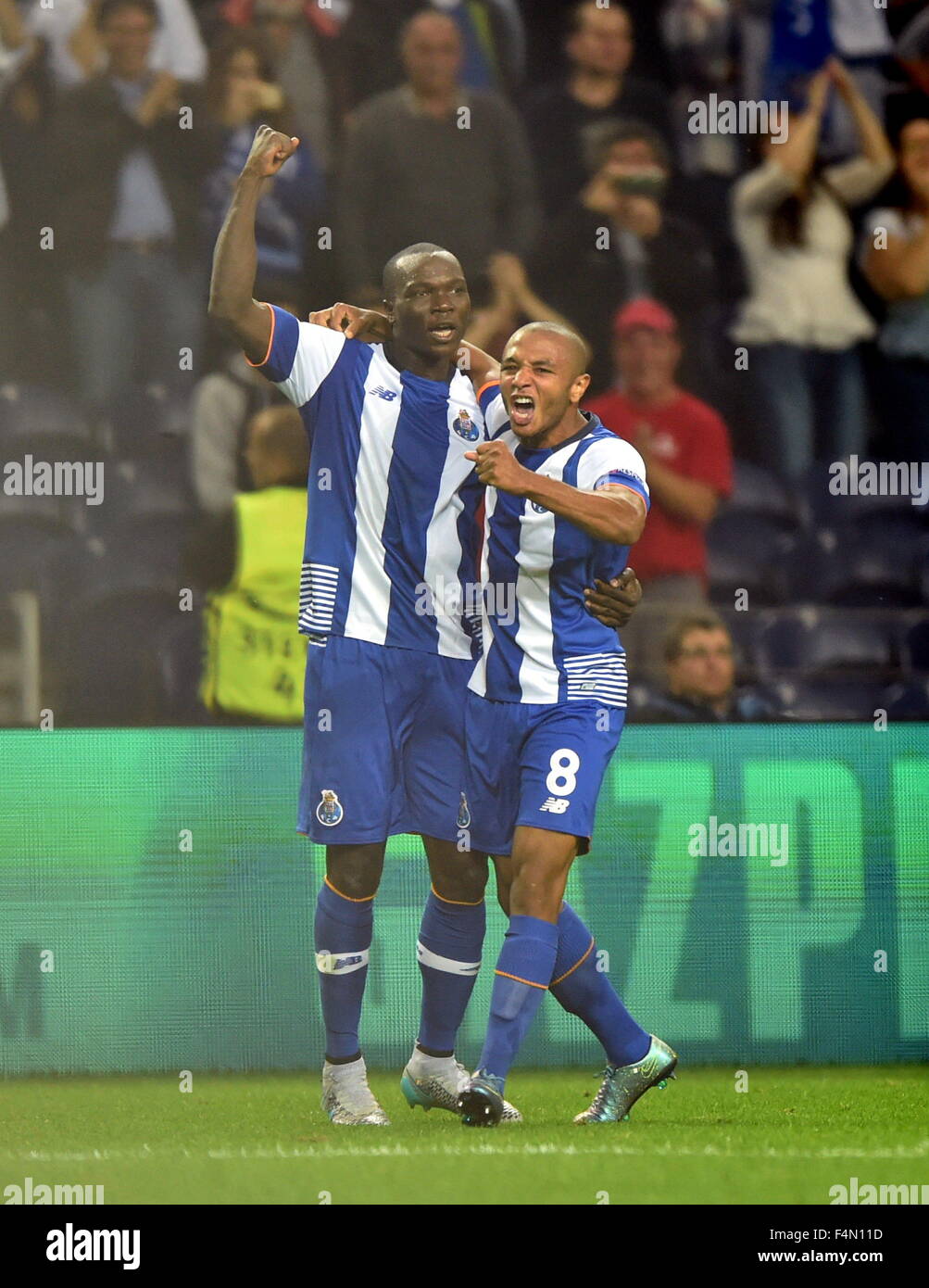 Porto, Portugal. 20th Oct, 2015. Yacine Brahimi (R) of Porto celebrates with his teammate after scoring against Maccabi Tel-Avivin Porto during the UEFA Champions League group G football match, in Porto, Portugal, Oct. 20, 2015. Porto won 2-0. Credit:  Zhang Liyun/Xinhua/Alamy Live News Stock Photo