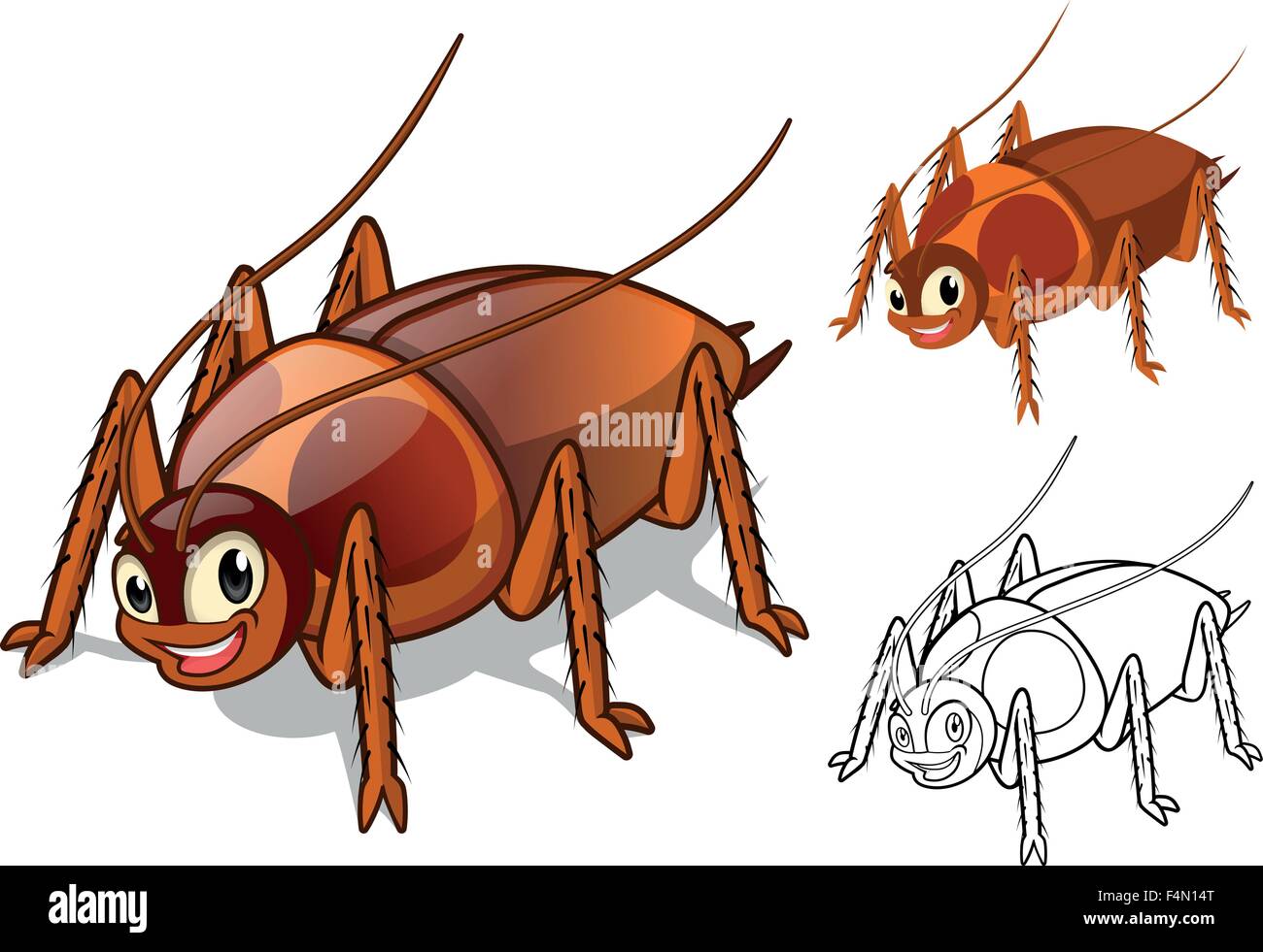 Detailed Cockroach Cartoon Character with Flat Design and Line Art Black and White Version Stock Vector