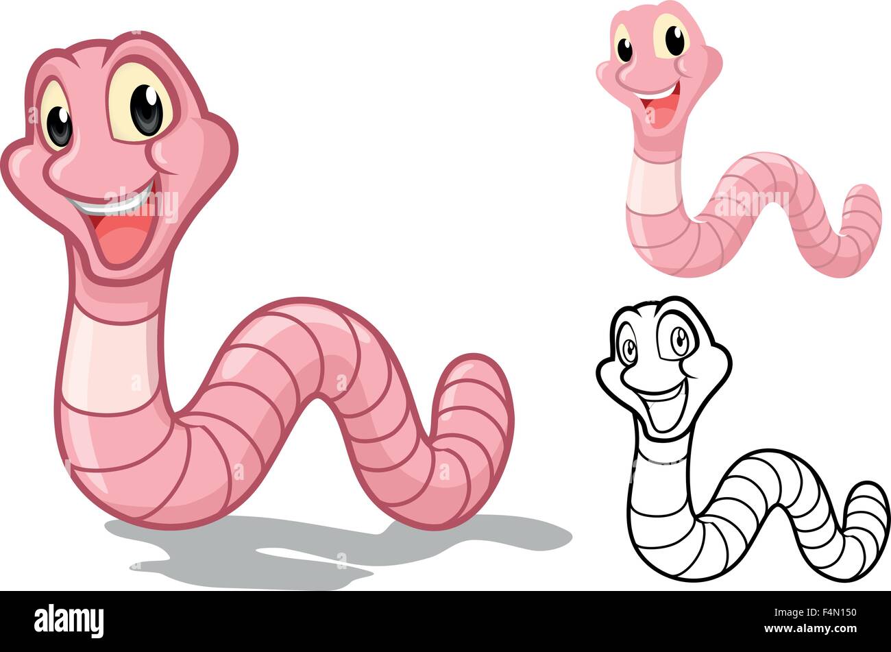 Detailed Earthworm Cartoon Character with Flat Design and Line Art Black and White Version Stock Vector