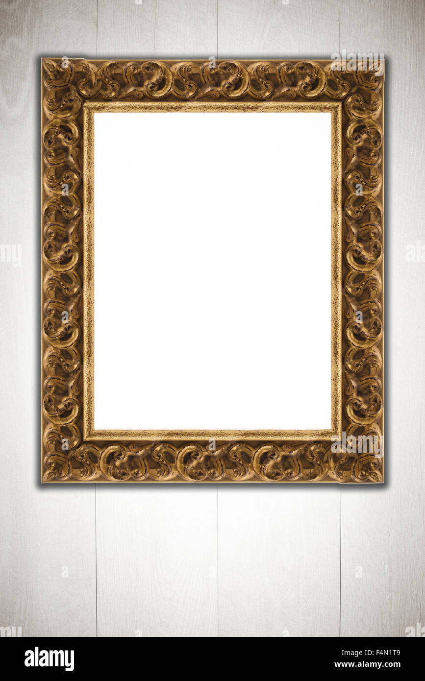 Old picture frame on vintage wood wall Stock Photo - Alamy