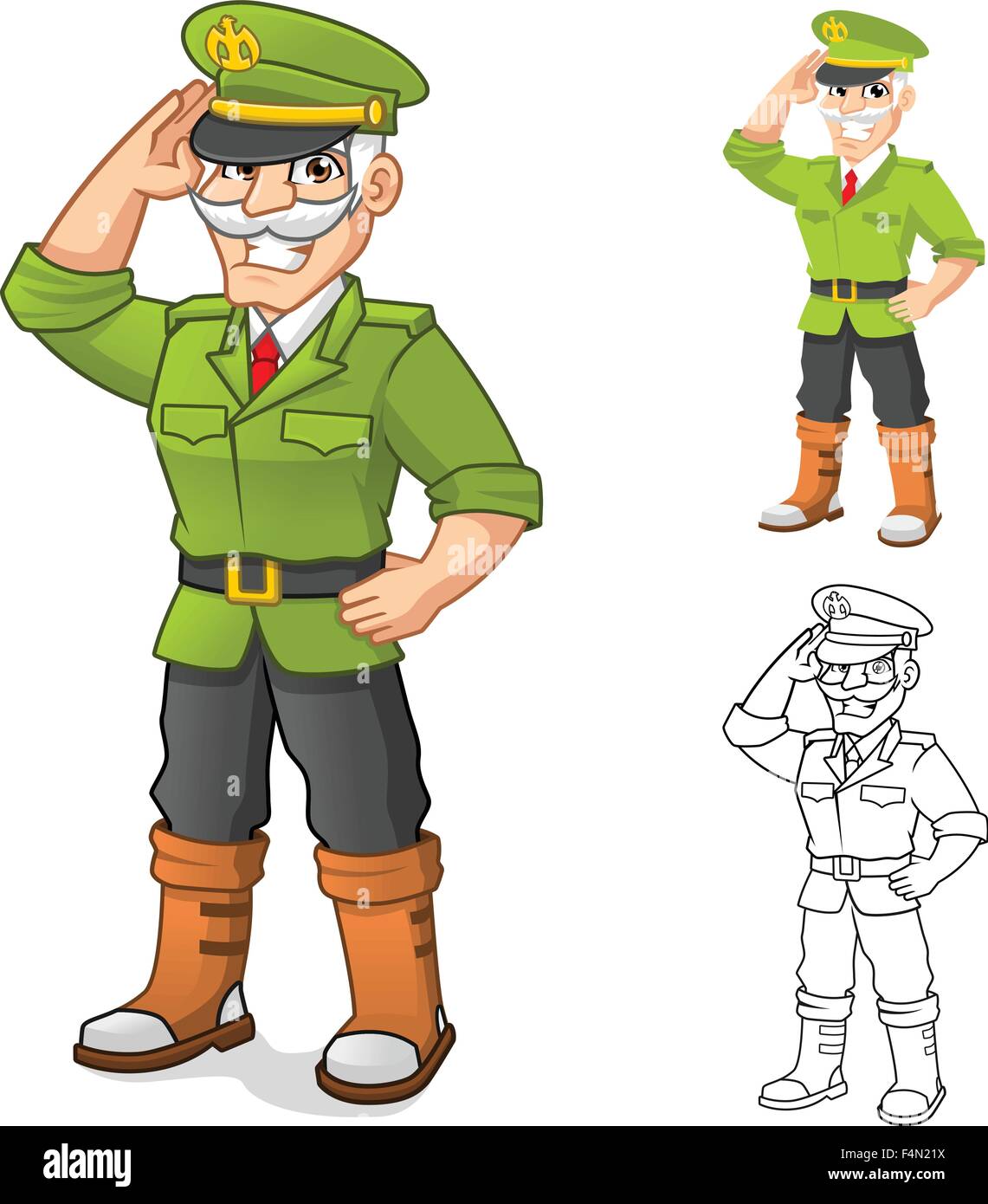 High Quality General Army Cartoon Character with Salute Hand Pose Include Flat Design and Outlined Version Vector Illustration Stock Vector