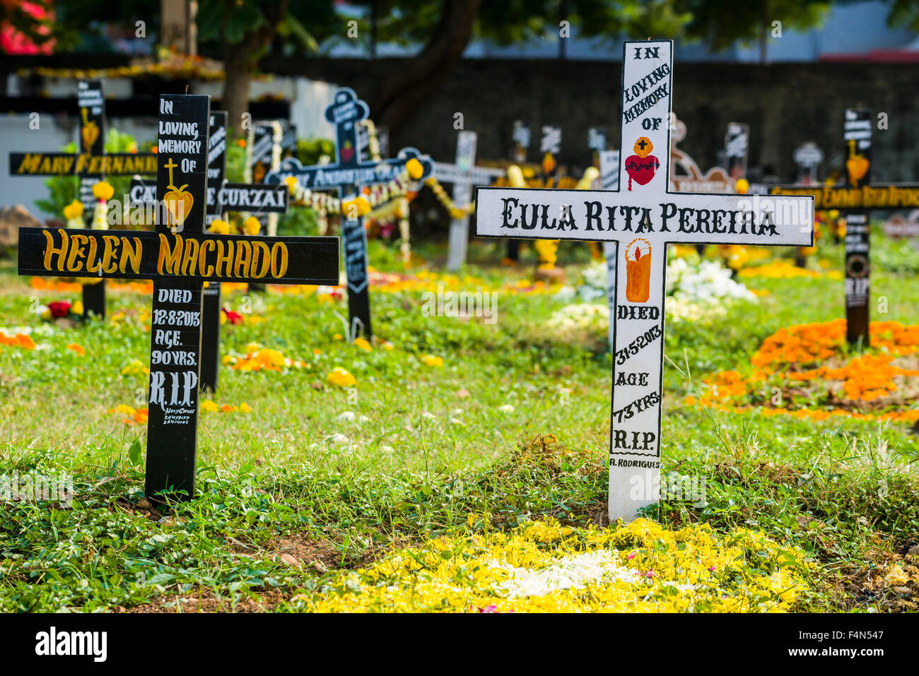 The graveyard with wooden crosses at the St. Andrew Church cemetery in the suburb Bandra Stock Photo