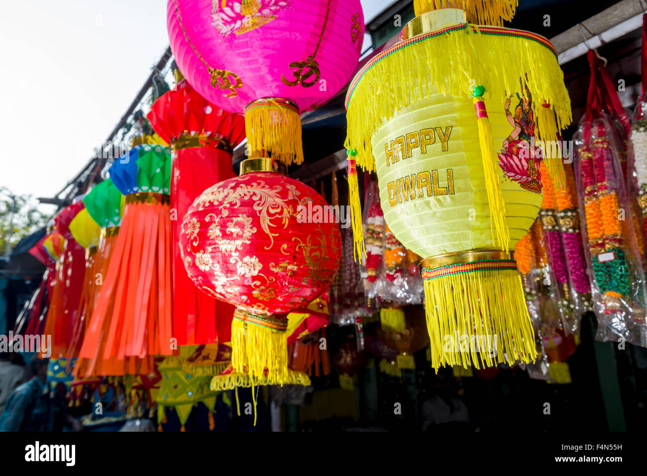 Colorful laterns are sold for the festival Diwali in the markets of the suburb Malad Stock Photo