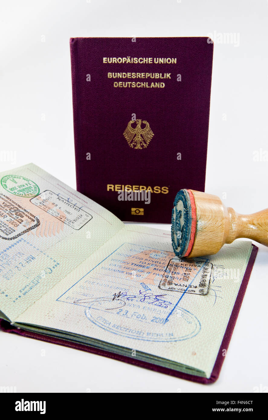Entry stamp and stamp, passport of Federal Republic of Germany Stock Photo