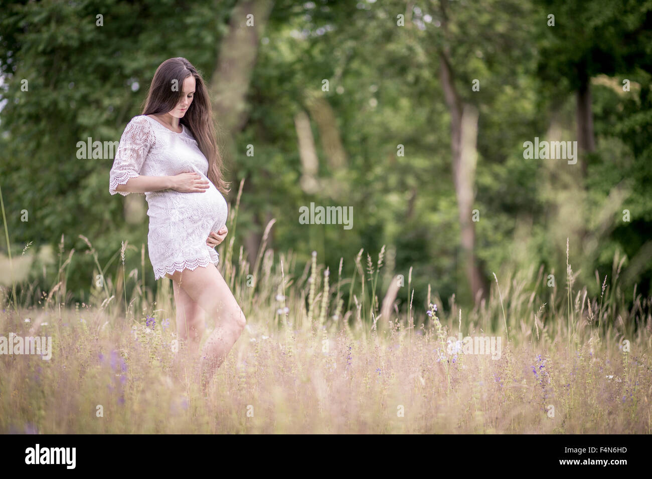 Pregnant woman standing on a meadow holding her belly Stock Photo - Alamy