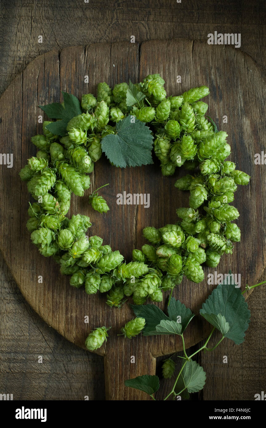 Hop wreath on wooden shovel and dark wood Stock Photo - Alamy