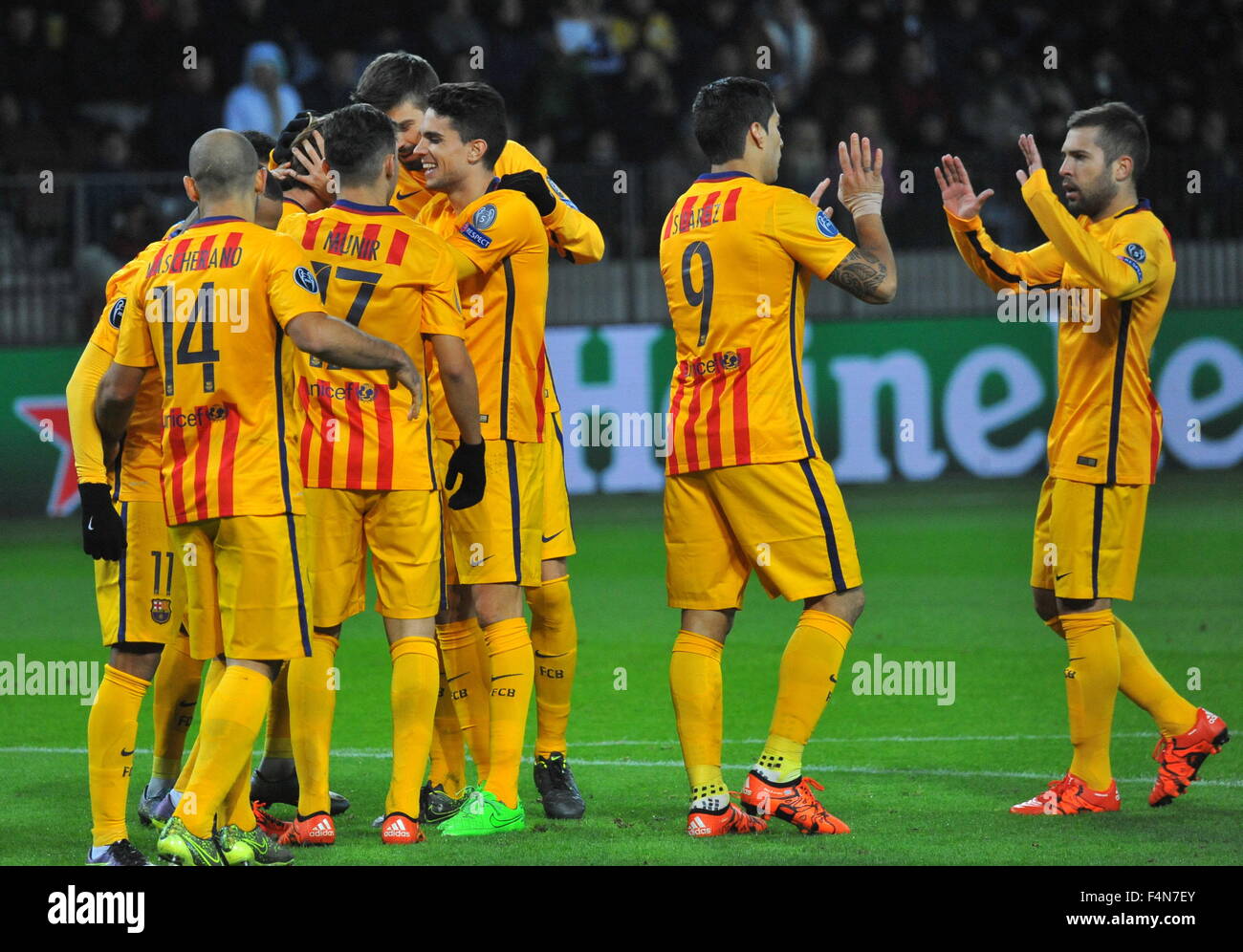Barysaw Belarus th Oct 15 Barcelona S Players Celebrate Scoring In The 15 16 Uefa Champions League Group E Round 3 Football Match Against Bate Borisov At Borisov Arena Fc Barcelona Spain Won The