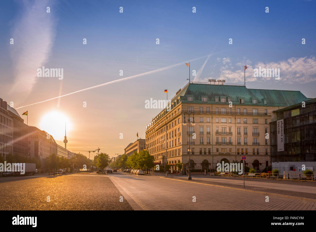 Germany, Berlin, Hotel Adlon at Pariser Platz during Sunrise Stock Photo