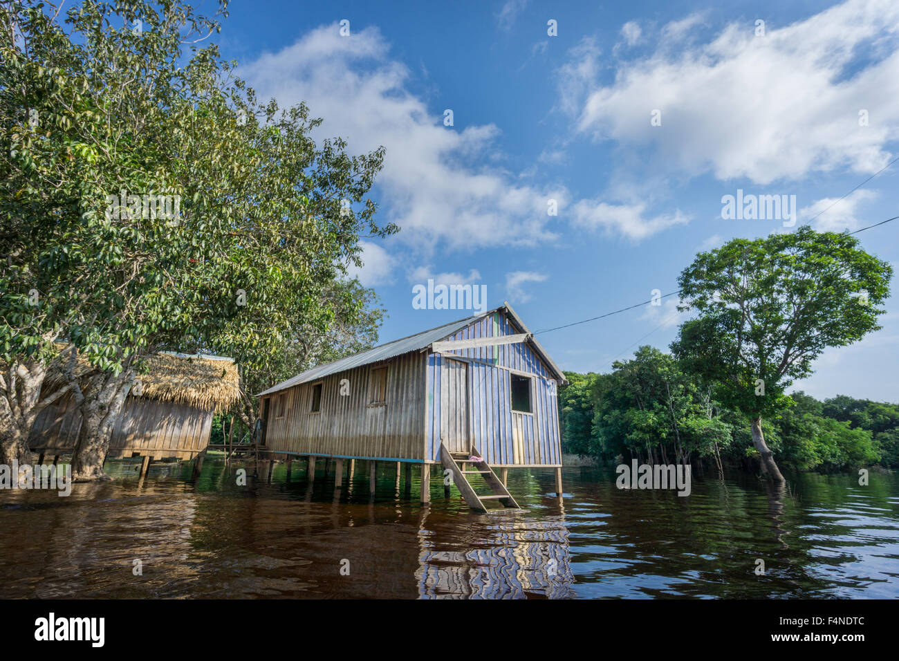 Woode houses built on high stilts over water, Amazon rainforest Stock