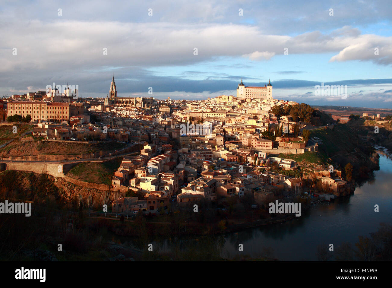 View of Toledo with the River Tagus surrounding it.  This city was declared a World Heritage Site by UNESCO. Stock Photo