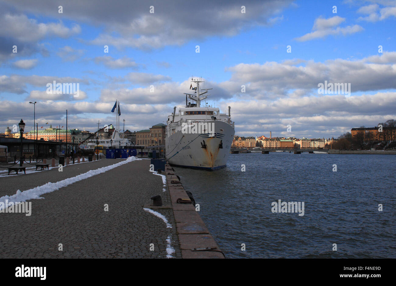 View from the quay of Skeppsbrokajen in central Stockholm, Sweden. Stock Photo
