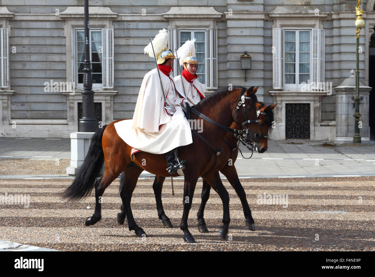 Spanish Royal Guard on horses, in front of the Royal Palace Stock Photo