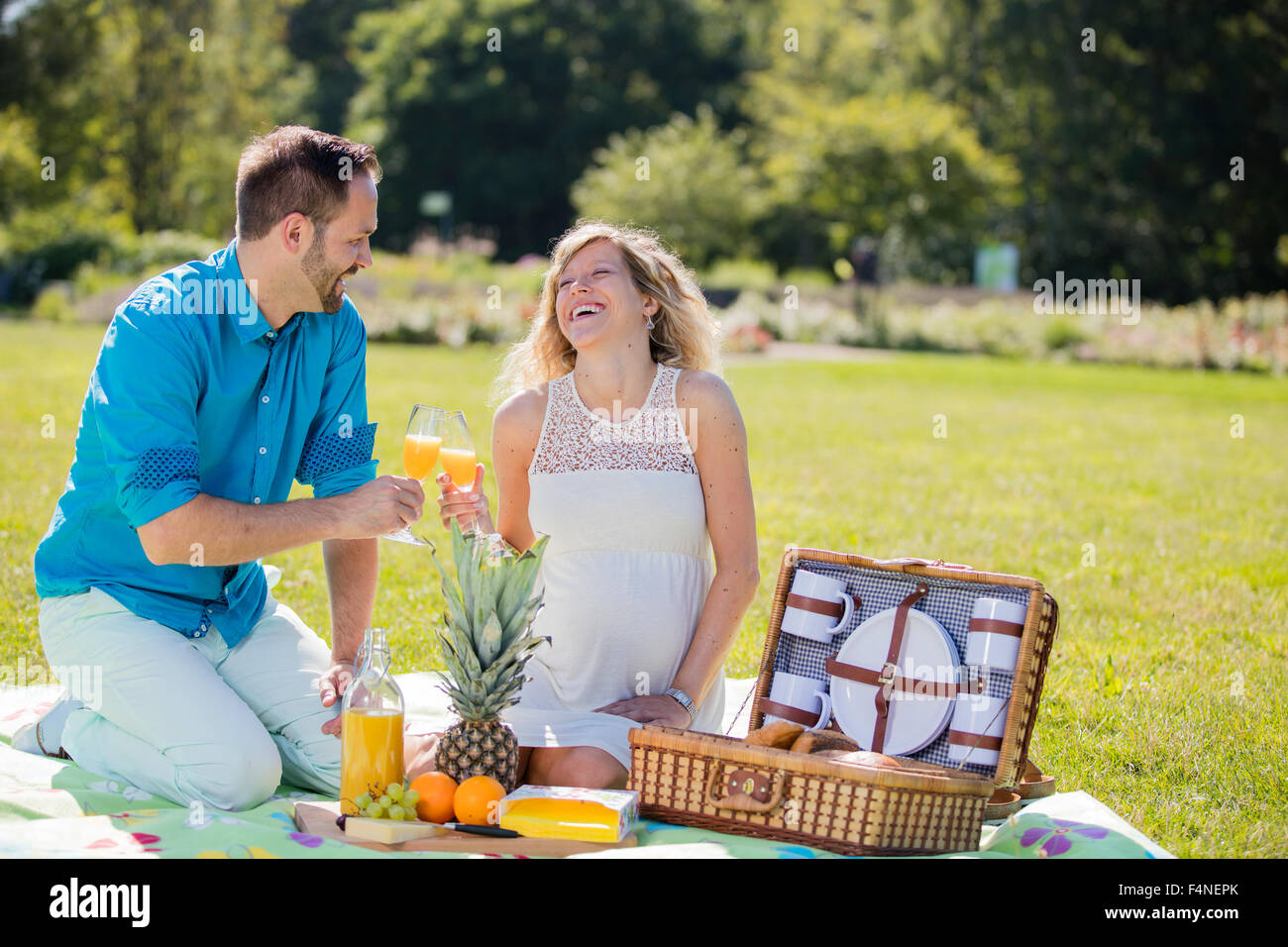 Happy couple having a picnic in park, pregnant woman Stock Photo Alamy