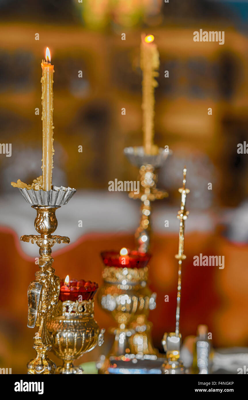 Ceremonial candles in EastEuropean Christian Orthodox church Stock
