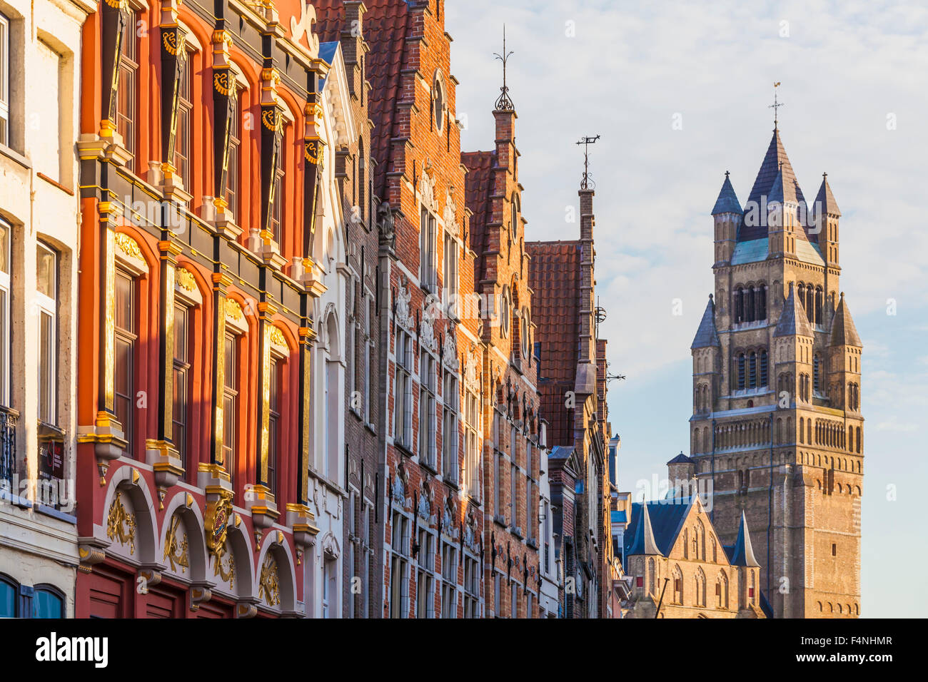 Belgium, Flanders, Bruges, Old town, facades of houses in Steenstraat, St. Salvators Cathedral Stock Photo