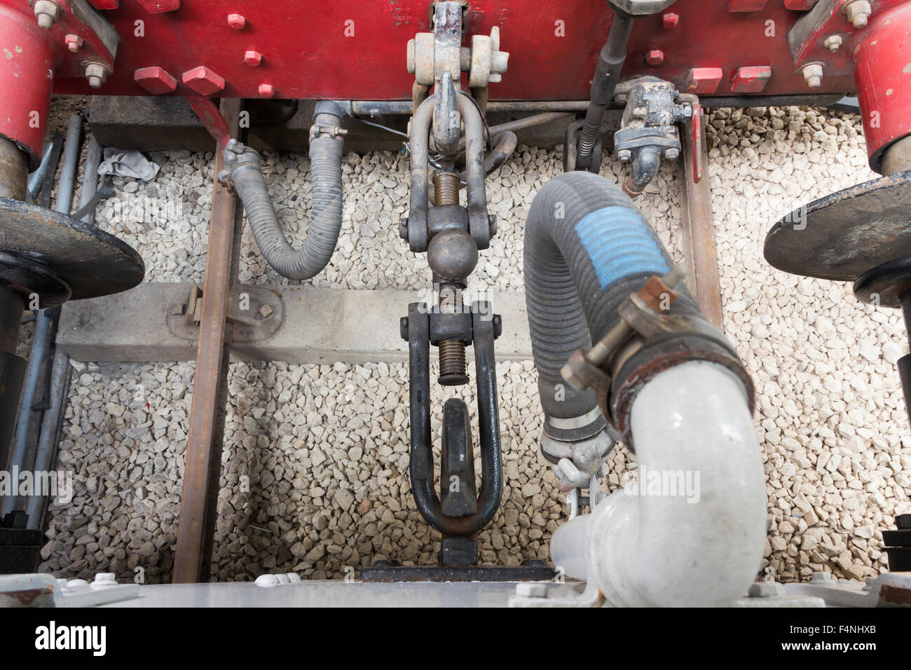 High angle view of a screw coupling and buffers coupling a steam engine to a carriage or wagon. Stock Photo