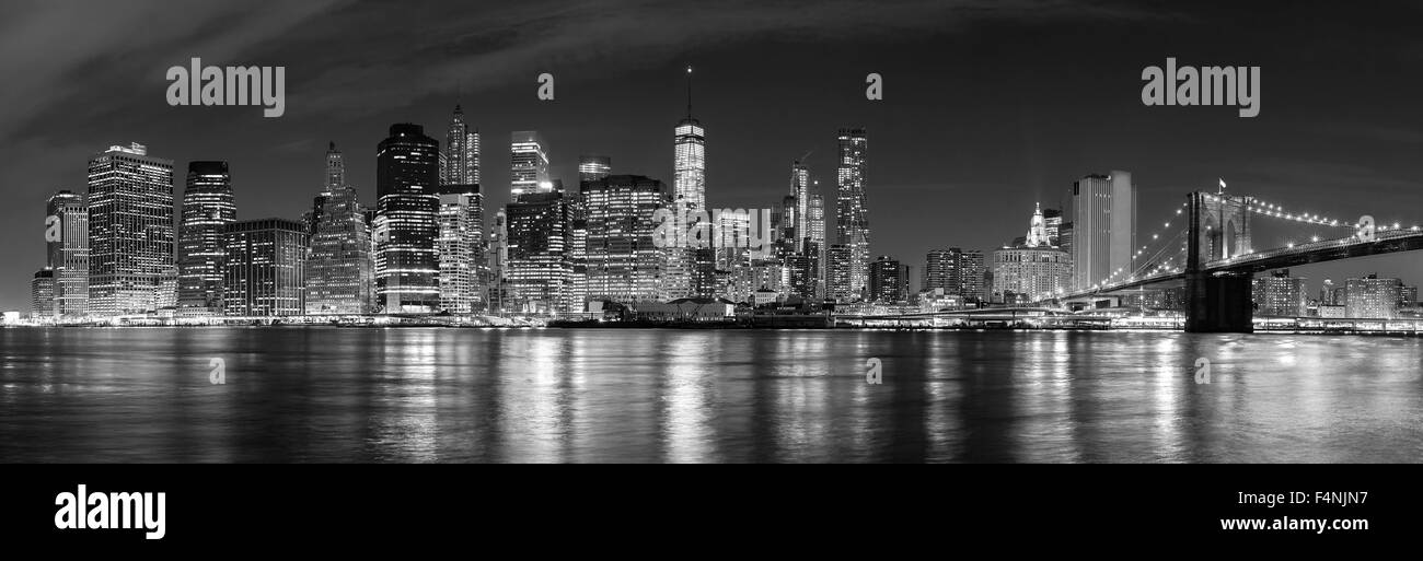 Black and white New York City at night panoramic picture, USA. Stock Photo