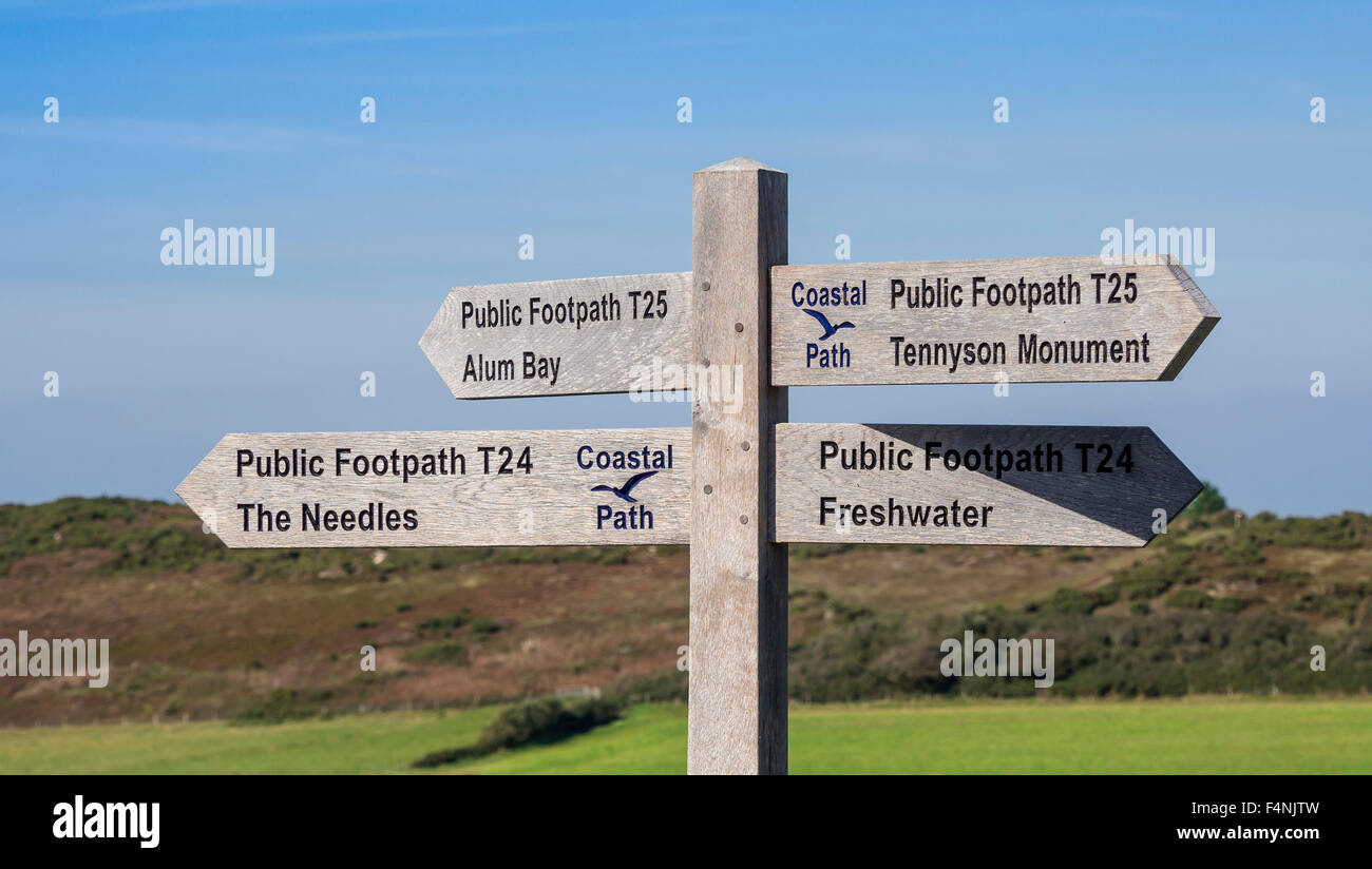 Signpost on Coastal Path, Tennyson Down, Isle of Wight, England, UK ...