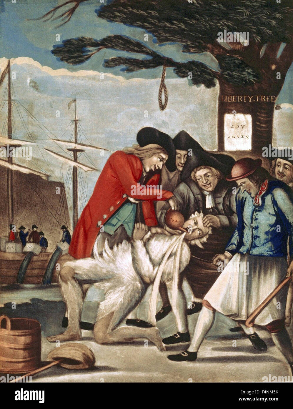 BOSTON TEA PARTY  American colonists tarring and feathering Commissioner of Customs John Malcolm on 5 January 1774 under the Liberty Tree is Boston, Massachusetts. At left the tea party is underway. Stock Photo