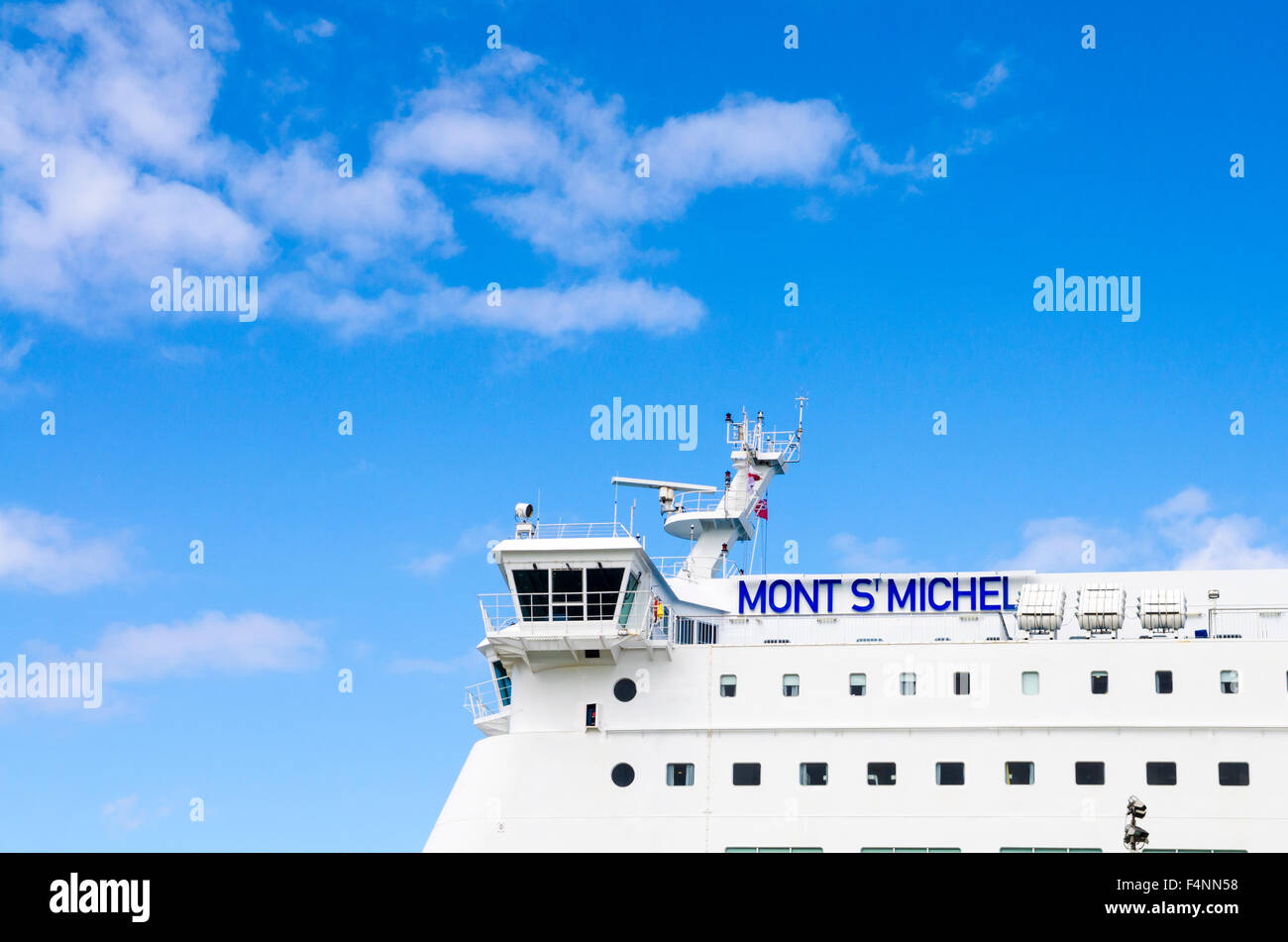 The upper decks and bridge of Brittany Ferries Mont St Michel Ferry. Stock Photo