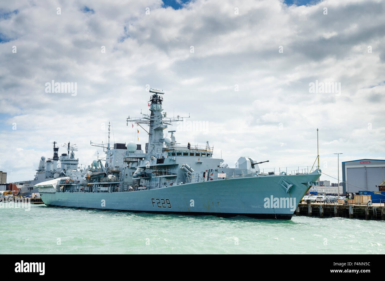 HMS Lancaster (F229) at HM Royal Navy Base Portsmouth, England during a refit in 2012.England during a refit in 2012. Stock Photo