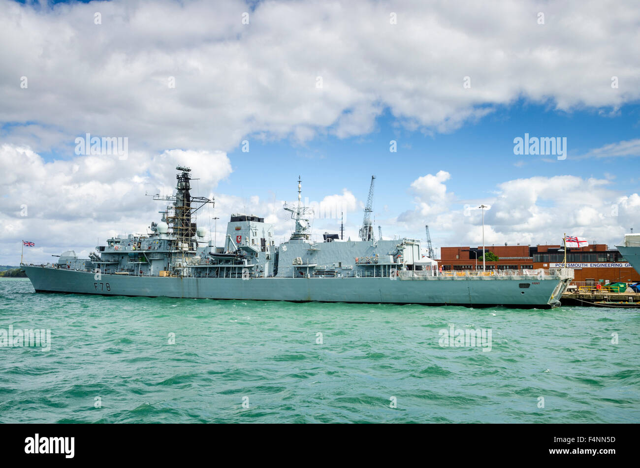 HMS Kent (F78) at HM Royal Navy Base Portsmouth, Hampshire, England during a refit in 2012. Stock Photo