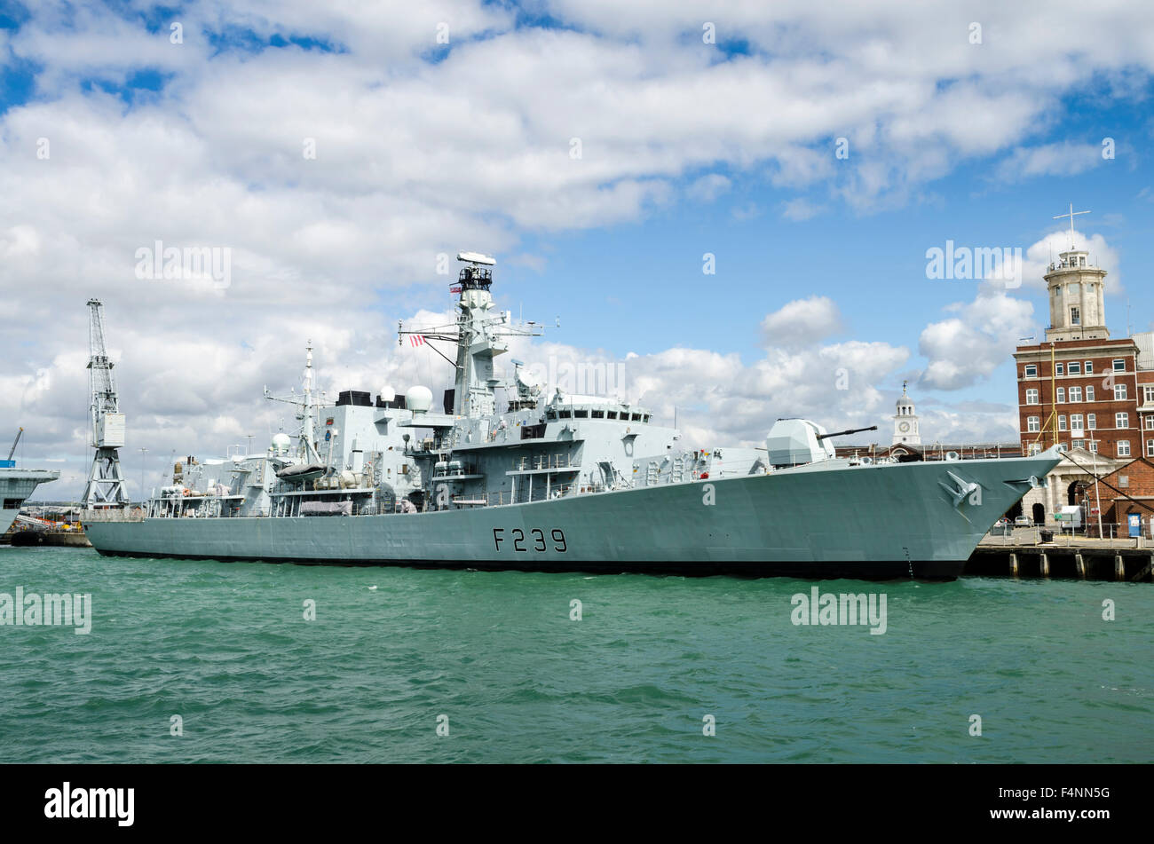 HMS Richmond (F239) at the Royal Navy base in Portsmouth, Hampshire, England. Stock Photo