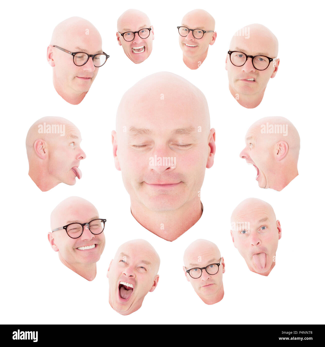 variety of funny expressions of a bald man Stock Photo