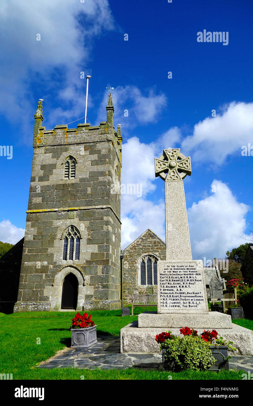 Saint Mellanus Anglican Church, Mullion Village, Lizard Peninsula, Cornwall, England, UK in Summer Stock Photo