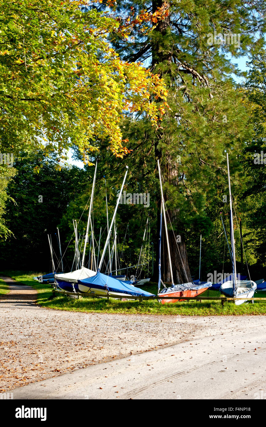 Sailing Boats and Autumnal Colours at Shearwater Lake, Crockerton, Wiltshire, United Kingdom. Stock Photo