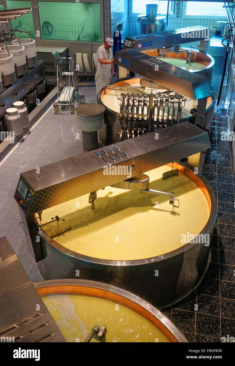 GRUYERE, SWITZERLAND DECEMBER 31, 2014 Cheese processing vats. the