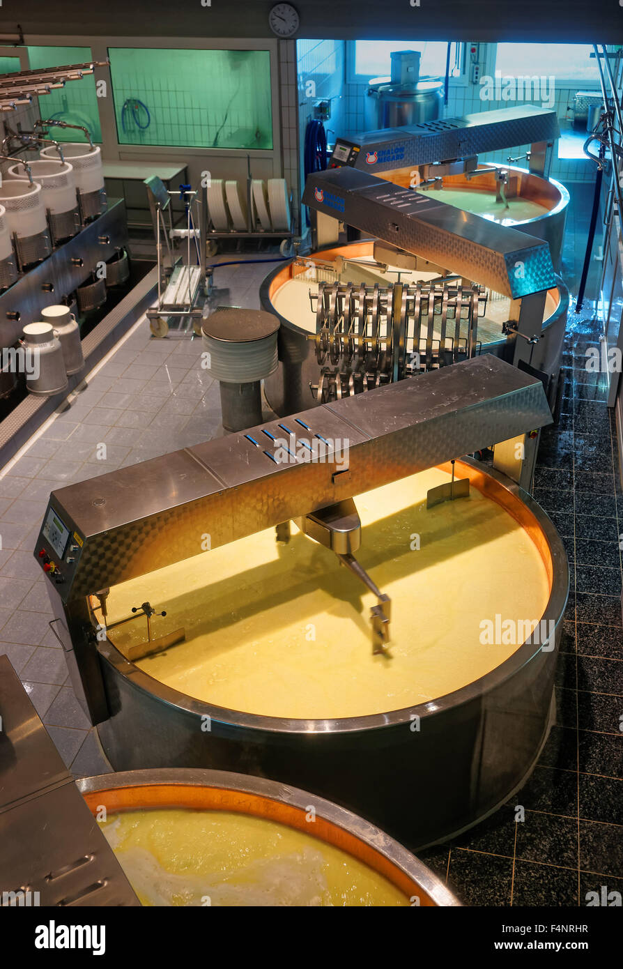 Vats and rounds in the cheese making room. La Maison du Gruyere (cheese
