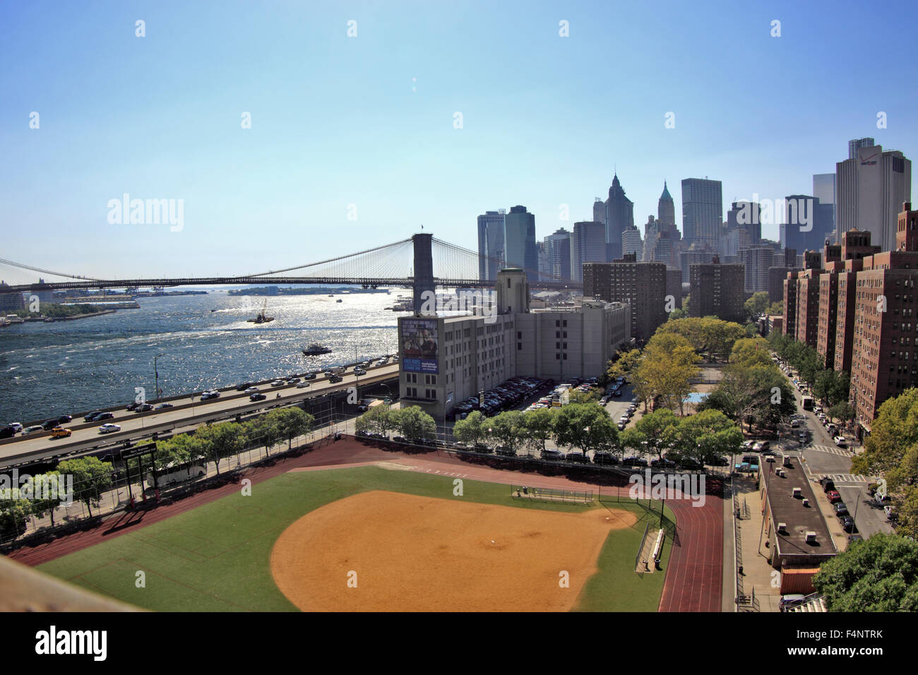 View looking south from the pedestrian walkway of the Manhattan Bridge New York City Stock Photo